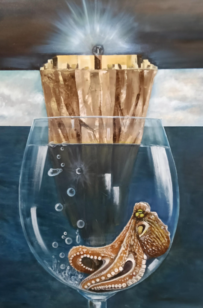 Opera di Fabrizio Riganello con faro, bicchiere e figura marina